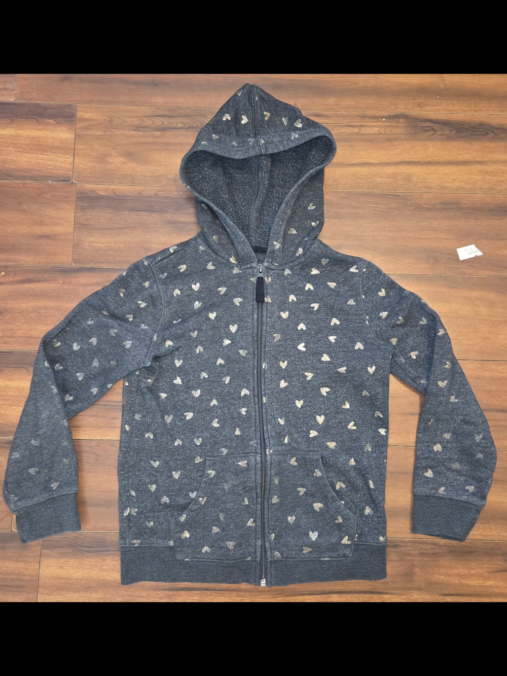 Girl's Cat & Jack Dark Gray Zip-Up Hoodie with Gold Heart Print Size 7/8